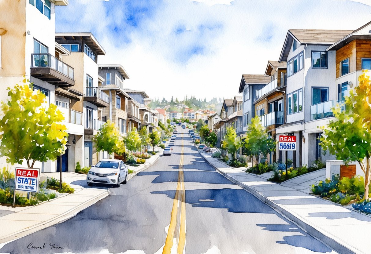 A bustling Carmel street lined with modern homes, a mix of suburban and urban elements, with real estate signs scattered throughout