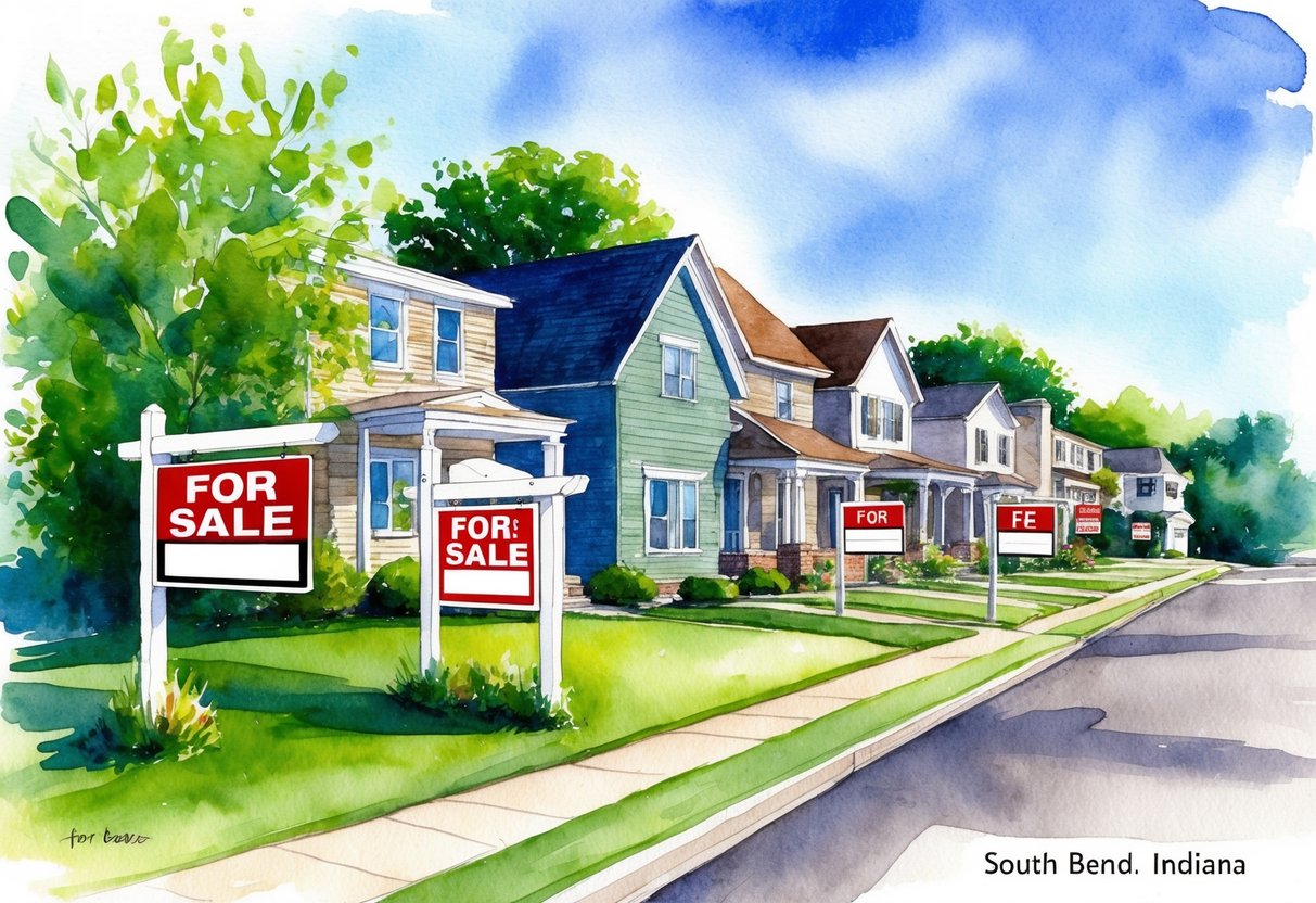 A row of diverse real estate properties in South Bend, Indiana, with "For Sale" signs, surrounded by greenery and a clear blue sky