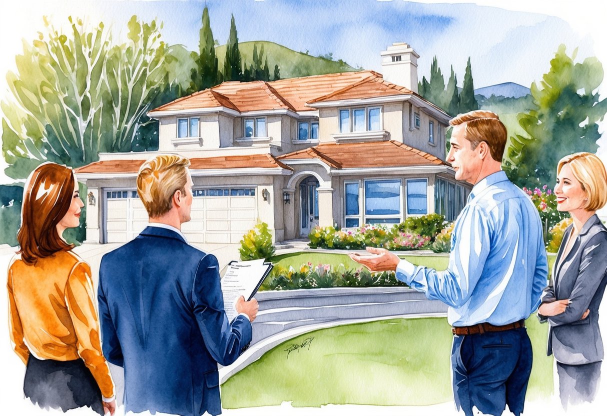 A real estate broker showing a property in Carmel, discussing investment opportunities with potential clients