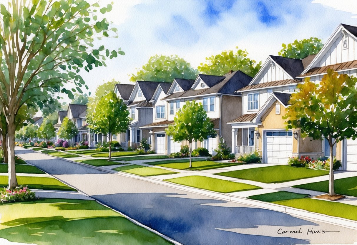 A suburban neighborhood with neatly manicured lawns and modern houses, nestled among tree-lined streets in Carmel, IN