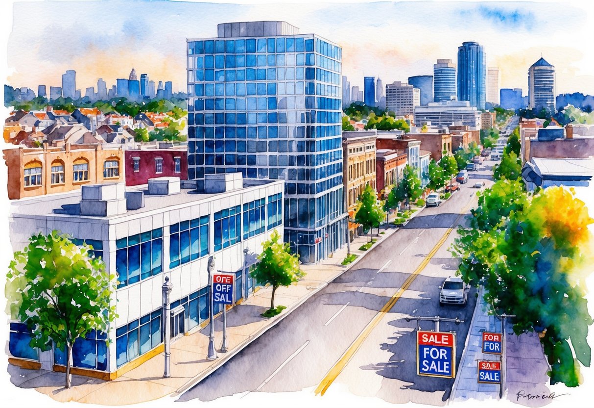 A bustling city street with modern office buildings and "For Sale" signs, surrounded by residential homes and a vibrant downtown area