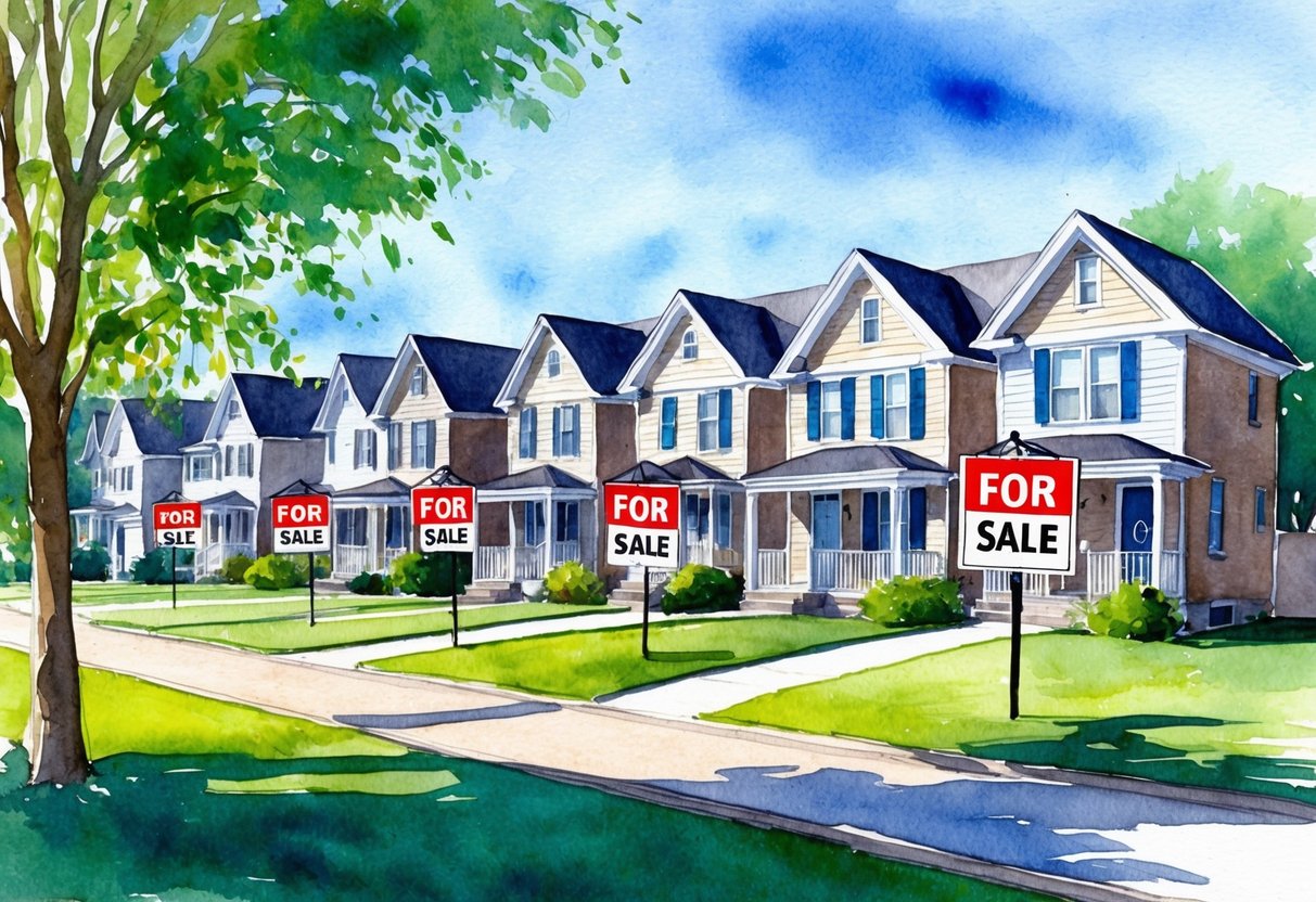 A row of houses in Des Moines, IA with "For Sale" signs, surrounded by green lawns and trees, under a clear blue sky