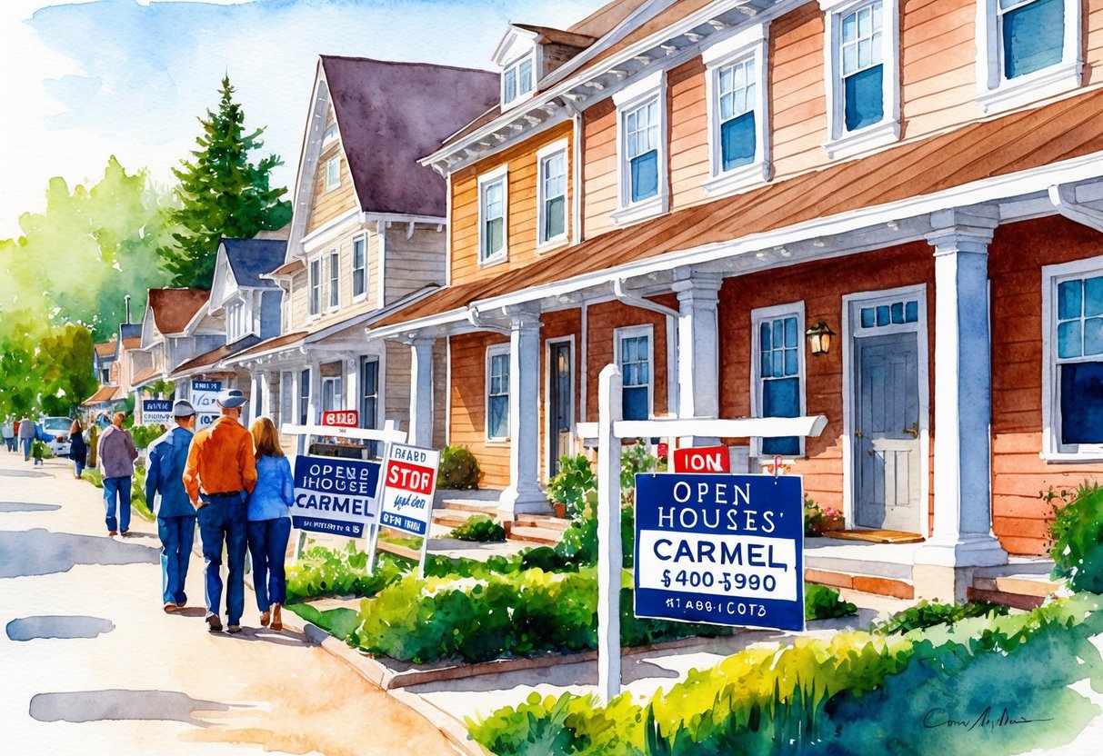 A row of open houses in Carmel, IN with real estate signs and potential investors exploring the properties