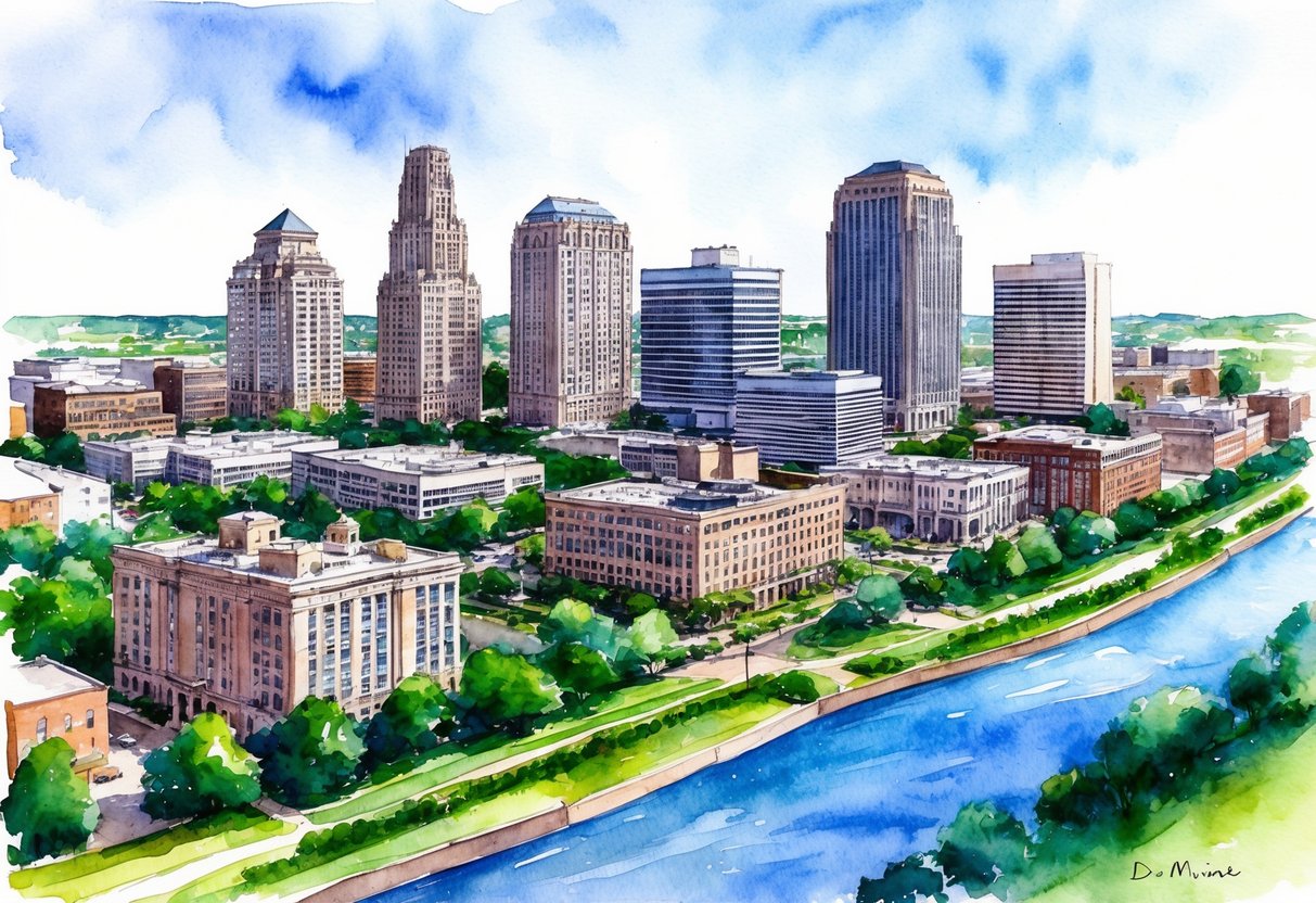 A skyline of Des Moines, Iowa with various real estate properties, including residential and commercial buildings, surrounded by greenery and a river flowing through the city