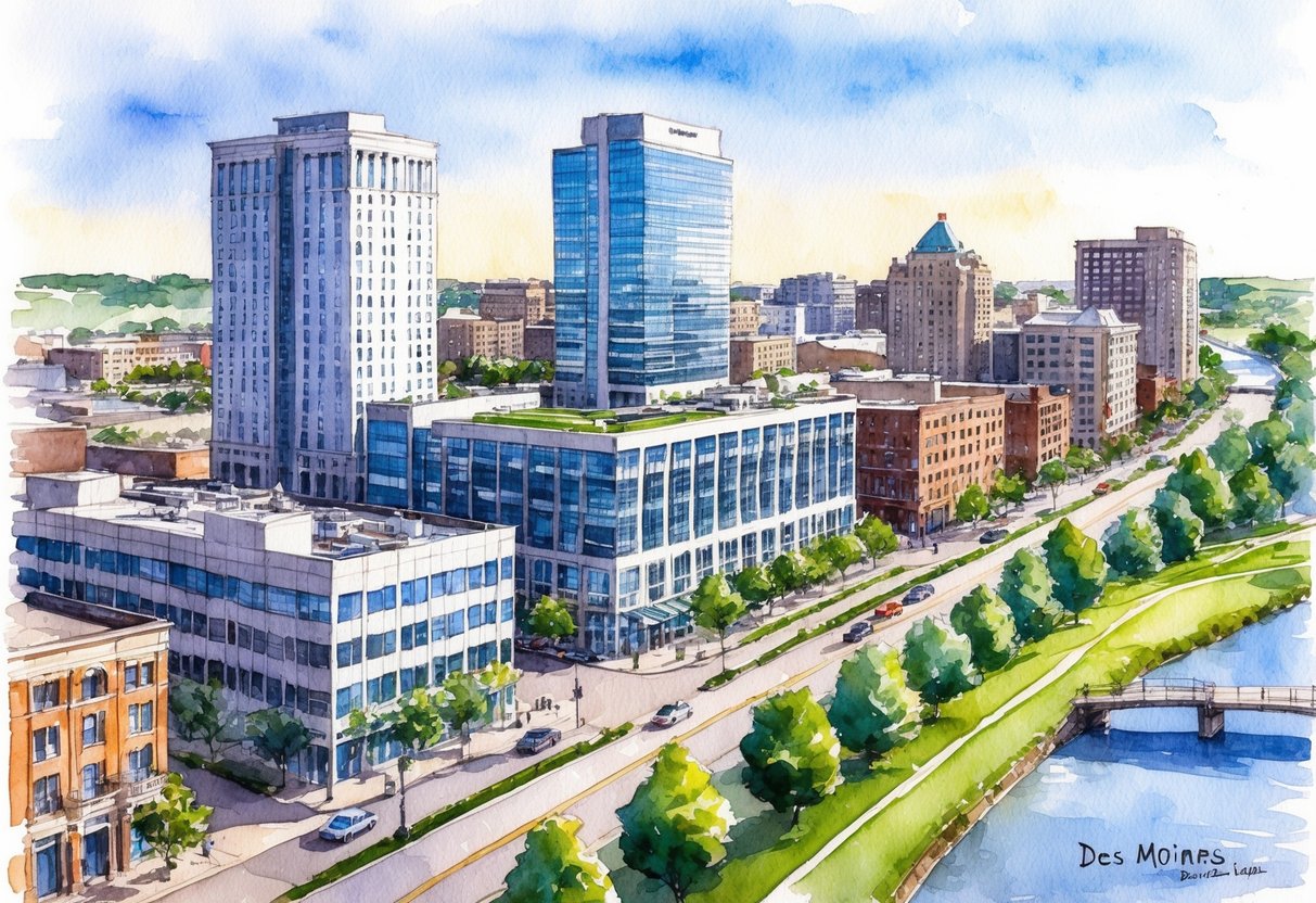 A bustling downtown street in Des Moines, Iowa, with modern office buildings and residential complexes, surrounded by green parks and a river