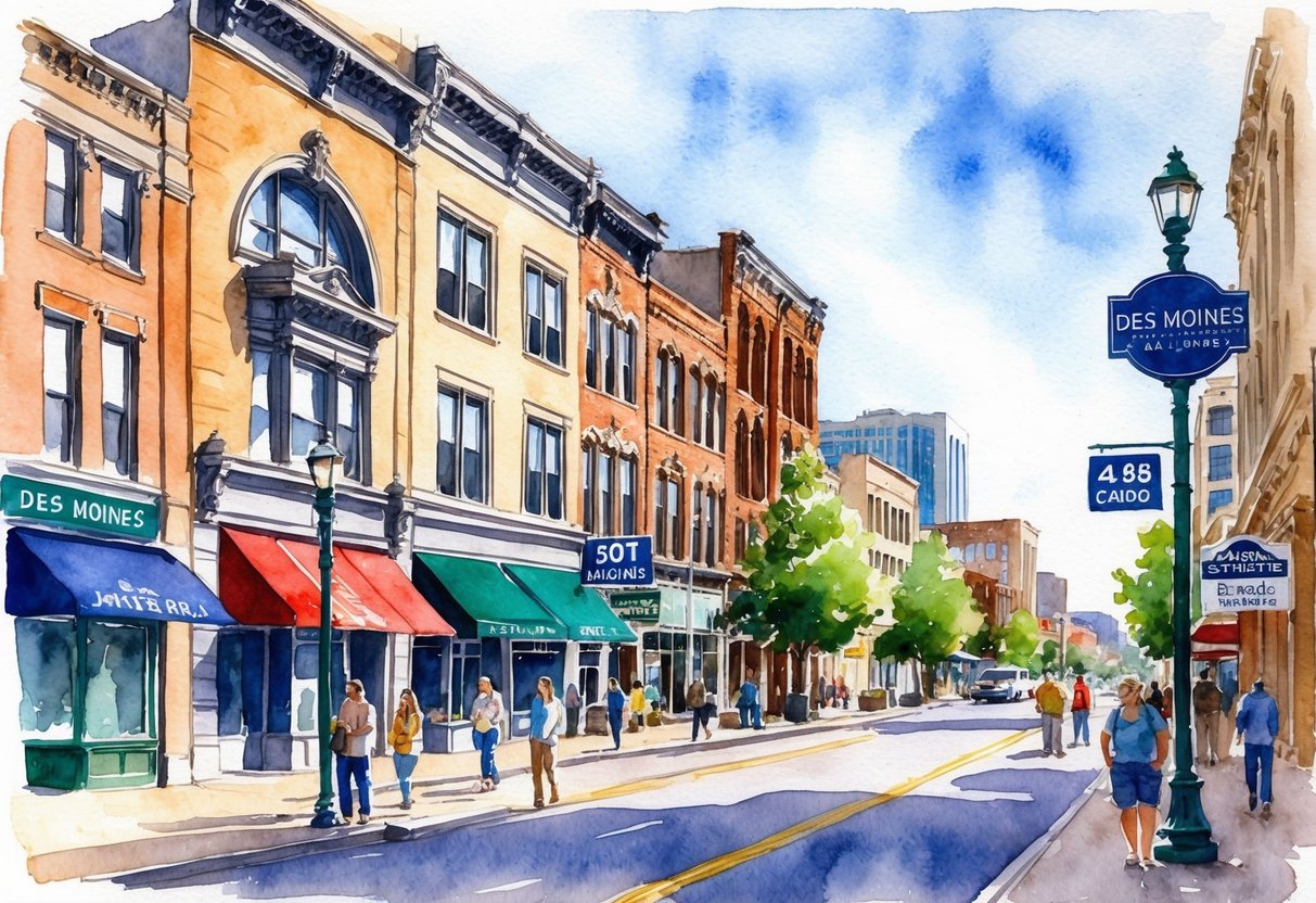 A bustling city street in Des Moines, with a mix of historic and modern buildings, real estate signs, and people exploring the area