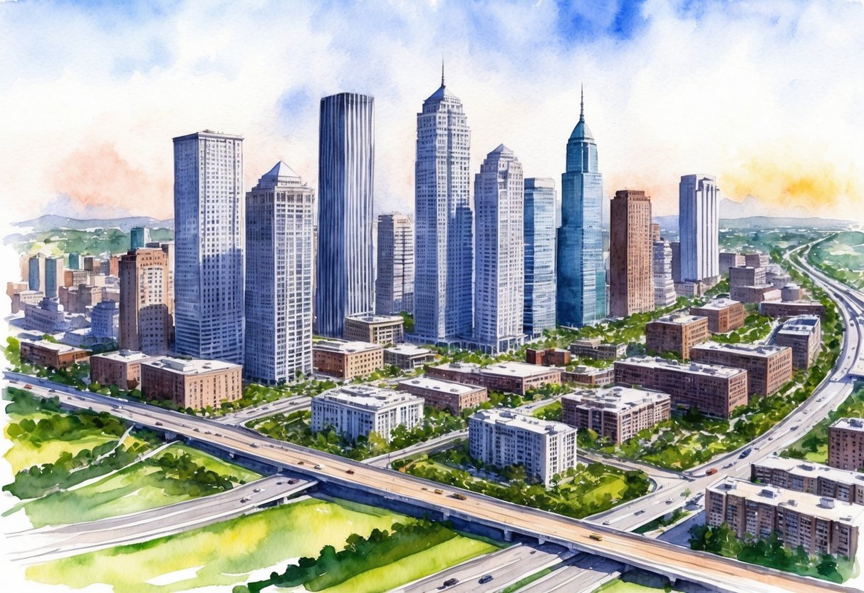 A bustling cityscape with skyscrapers and residential buildings, surrounded by green spaces and a network of roads and highways