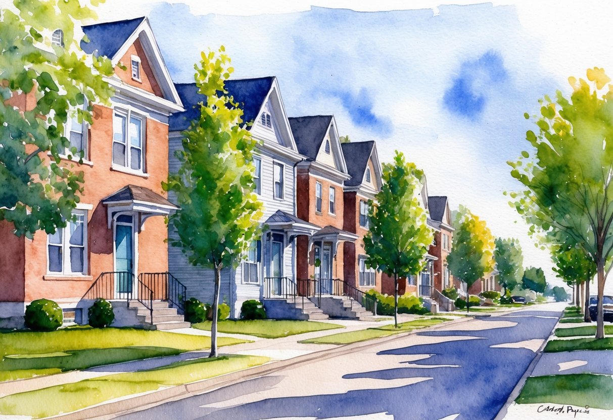 A row of residential houses in Cedar Rapids, IA, with well-maintained lawns and trees lining the streets