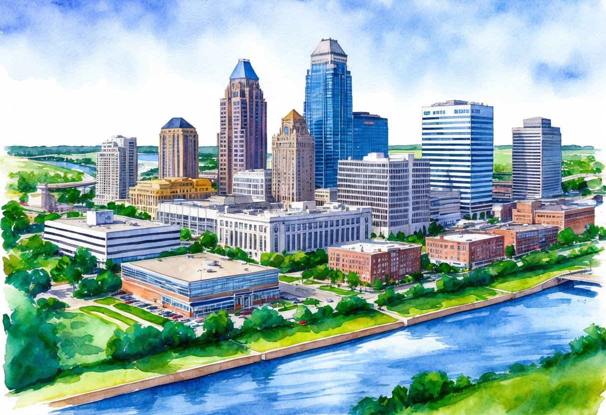 A skyline of Des Moines, Iowa with various real estate properties, including commercial and residential buildings, surrounded by greenery and a river