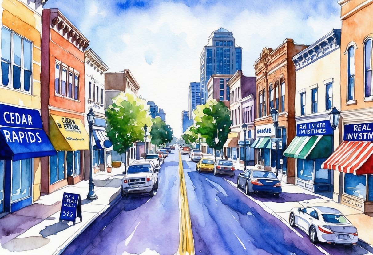 A bustling city street in Cedar Rapids, Iowa, lined with various real estate properties and investment firms, showcasing the financial aspect of real estate investing