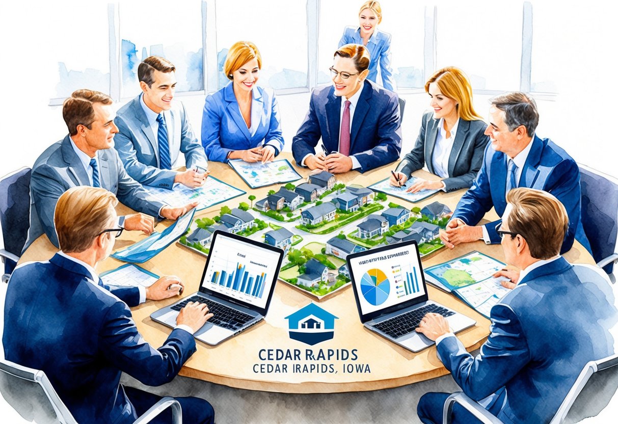 A group of professionals gather around a table, discussing real estate investment opportunities in Cedar Rapids, Iowa. Maps, charts, and laptops are spread out as they collaborate and strategize