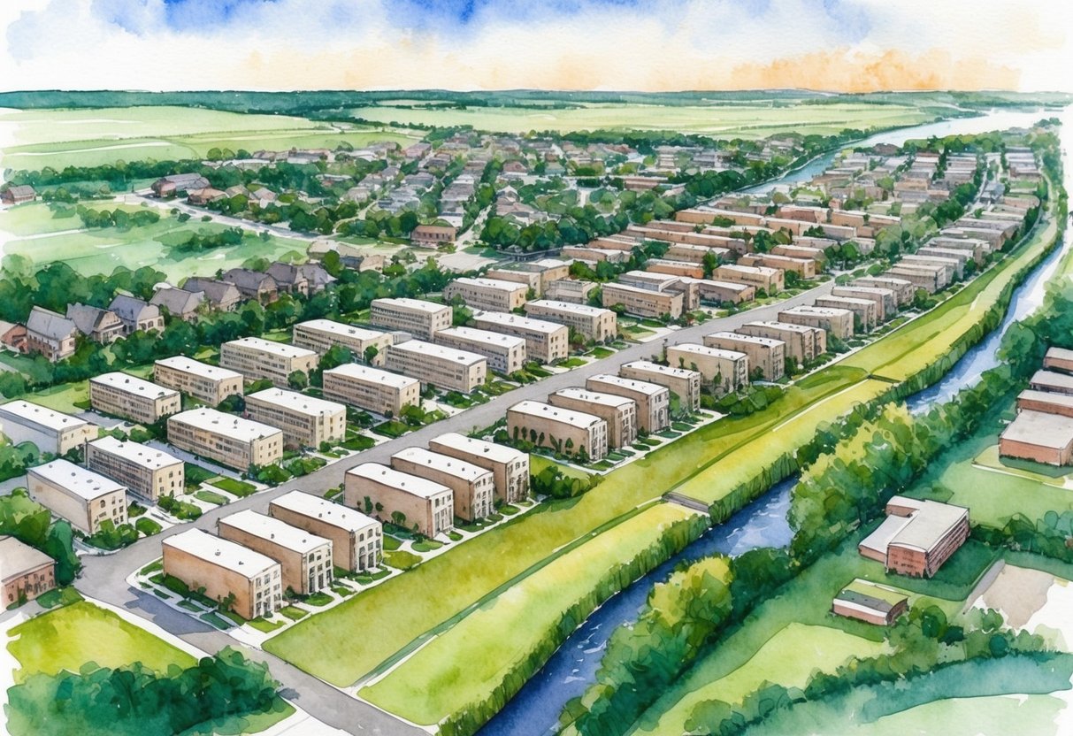 Aerial view of Cedar Rapids, IA with rows of residential and commercial properties, surrounded by greenery and a river running through the city