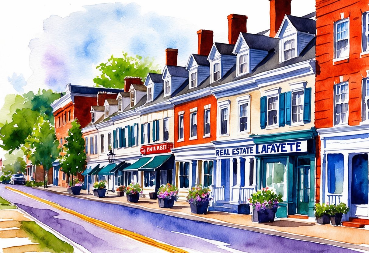 A quaint street in Lafayette, IN with rows of charming houses and a bustling real estate office