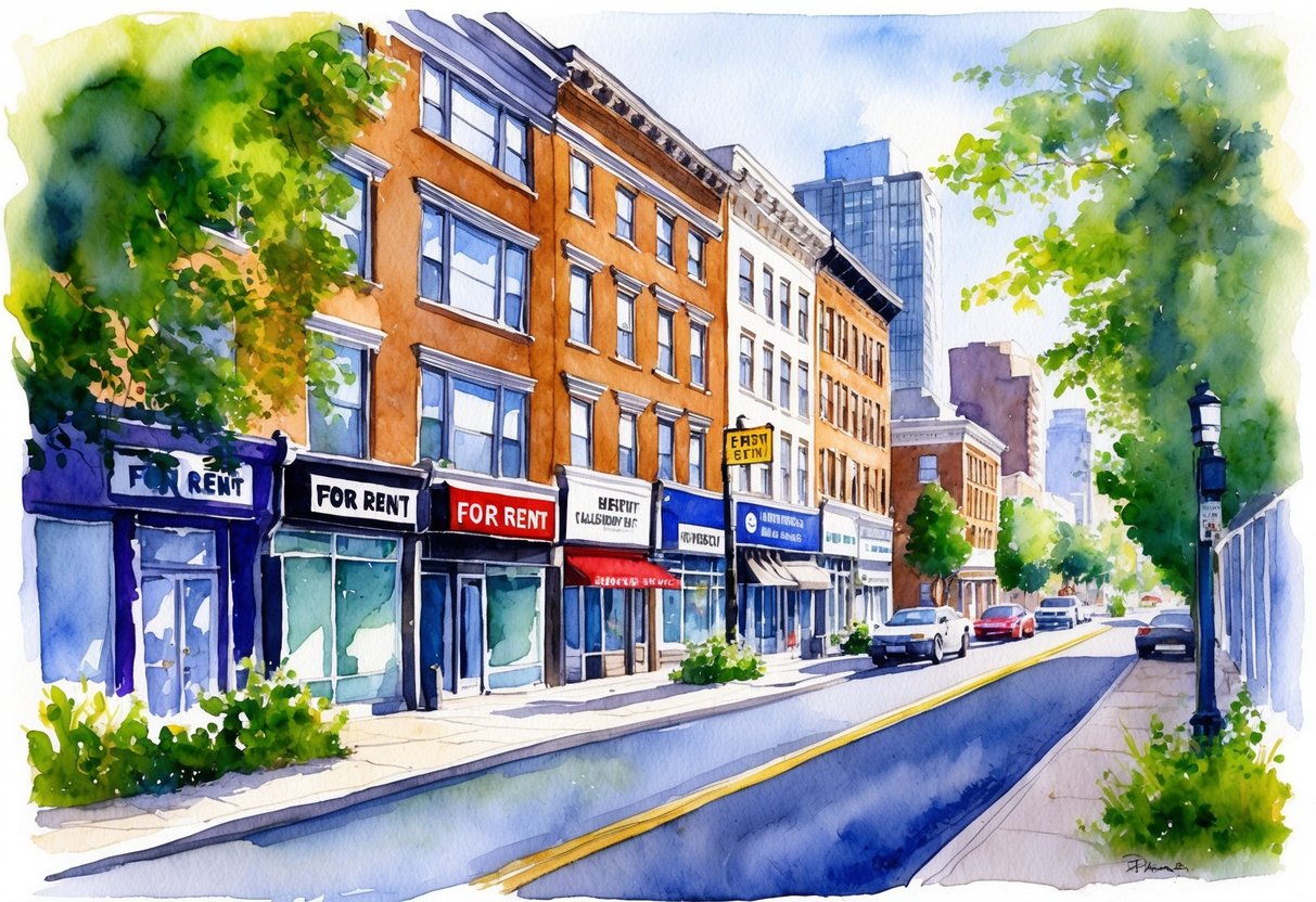 A bustling city street with "For Rent" signs on various buildings, a mix of residential and commercial properties, surrounded by lush greenery