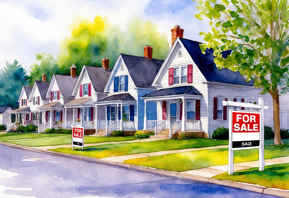 A row of quaint houses with "For Sale" signs in a suburban neighborhood in Davenport, IA