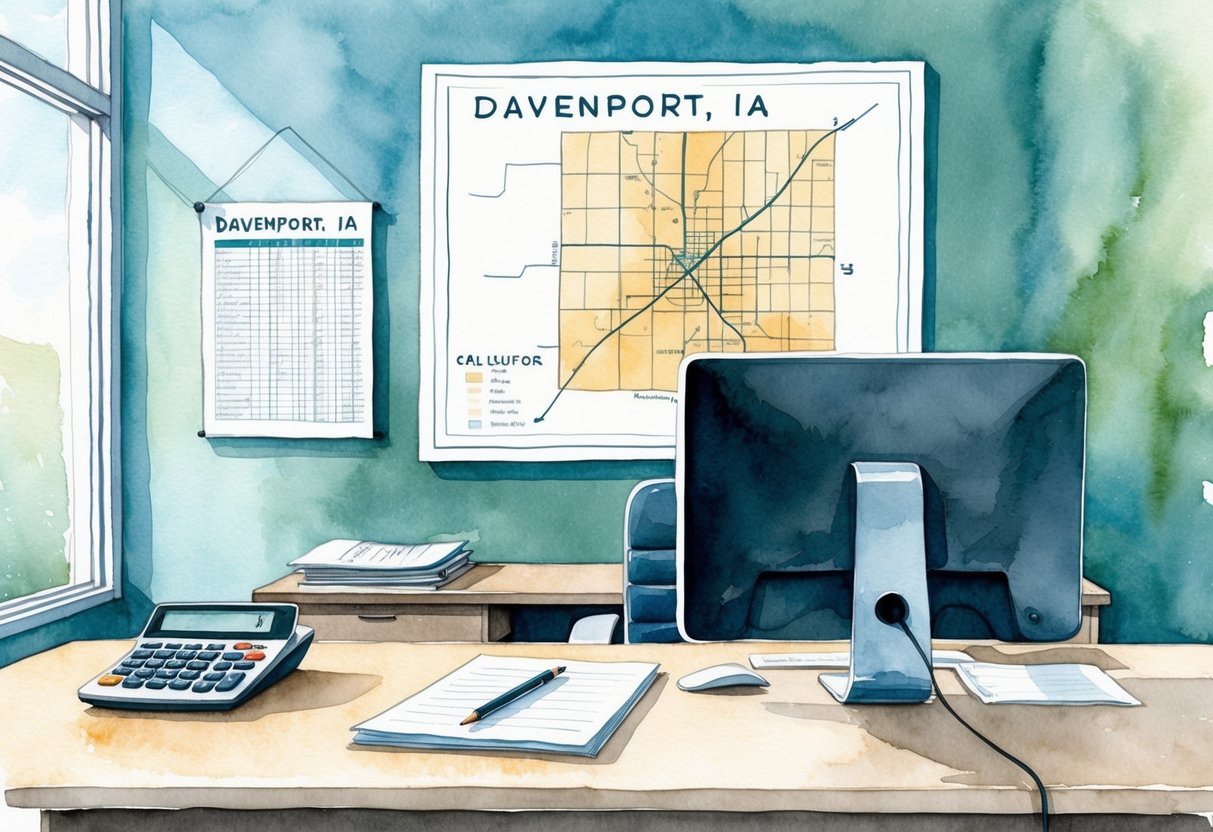 A modern office with a large desk, computer, and charts. A map of Davenport, IA hangs on the wall. A calculator and notepad sit nearby
