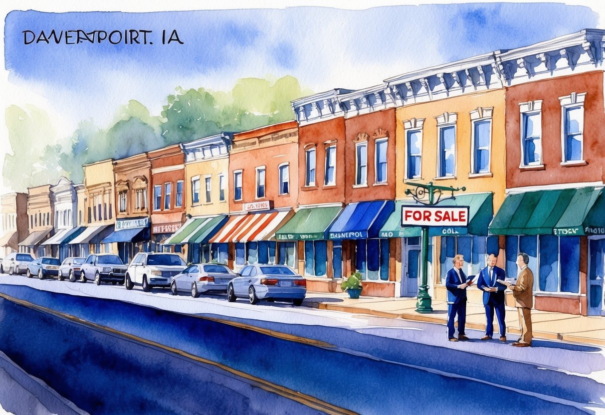 A bustling street in Davenport, IA with rows of commercial and residential properties, a real estate office with a "For Sale" sign, and investors discussing financial strategies