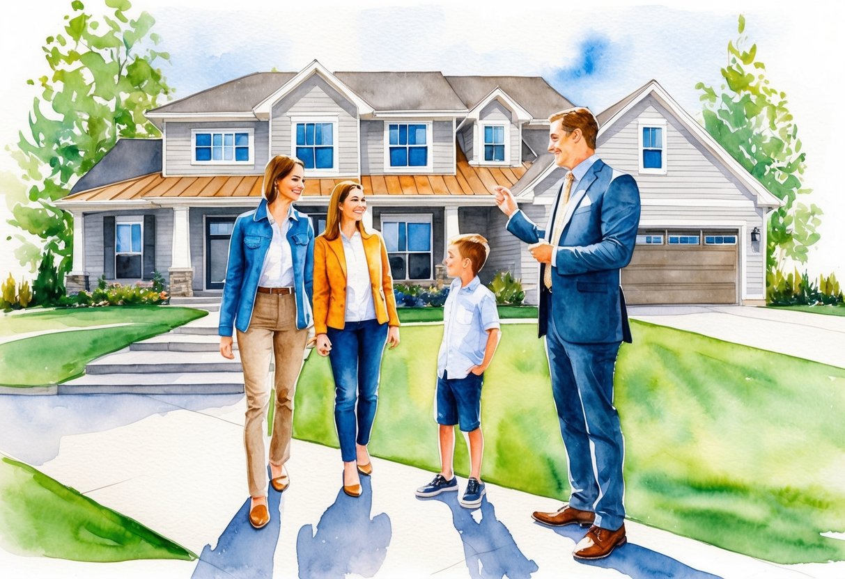 A family touring a modern home with a real estate agent in Davenport, IA
