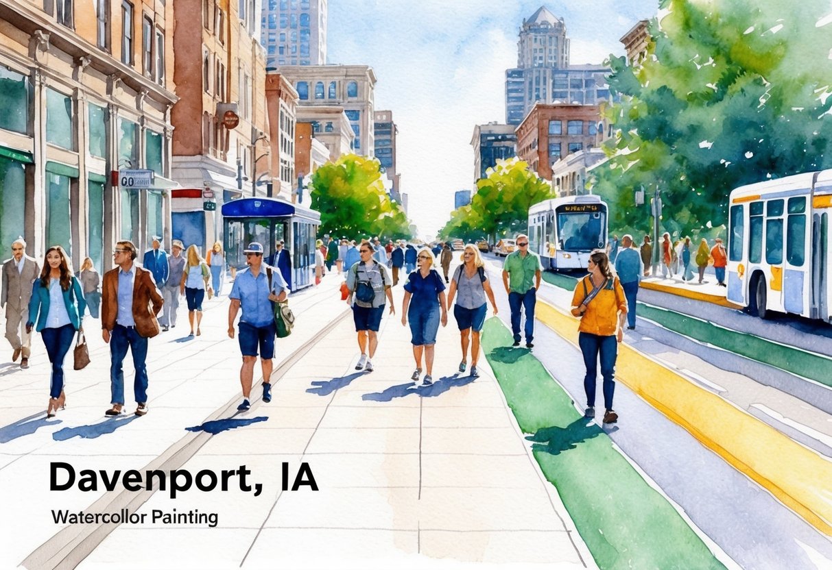 A bustling city street in Davenport, IA with pedestrians walking on wide sidewalks, bike lanes, and public transportation options visible