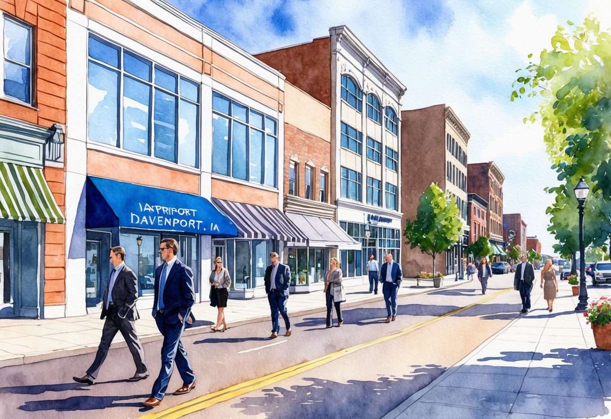 A bustling downtown street in Davenport, IA with modern office buildings and a mix of historic and new storefronts. Busy professionals and potential investors walk along the sidewalks