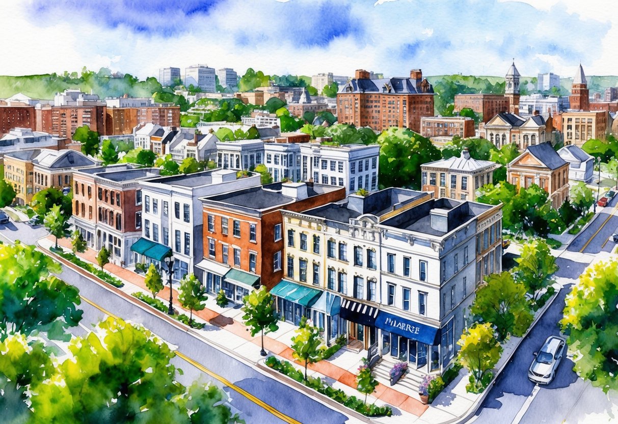 A bustling Lafayette street with diverse real estate properties, from modern condos to historic homes, surrounded by lush greenery and a mix of urban and suburban landscapes