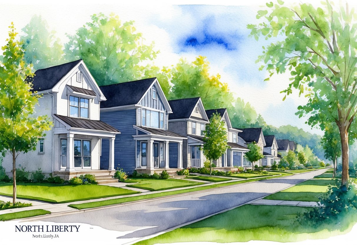 A charming residential street in North Liberty, IA with modern homes and lush green lawns, surrounded by peaceful and picturesque natural landscapes