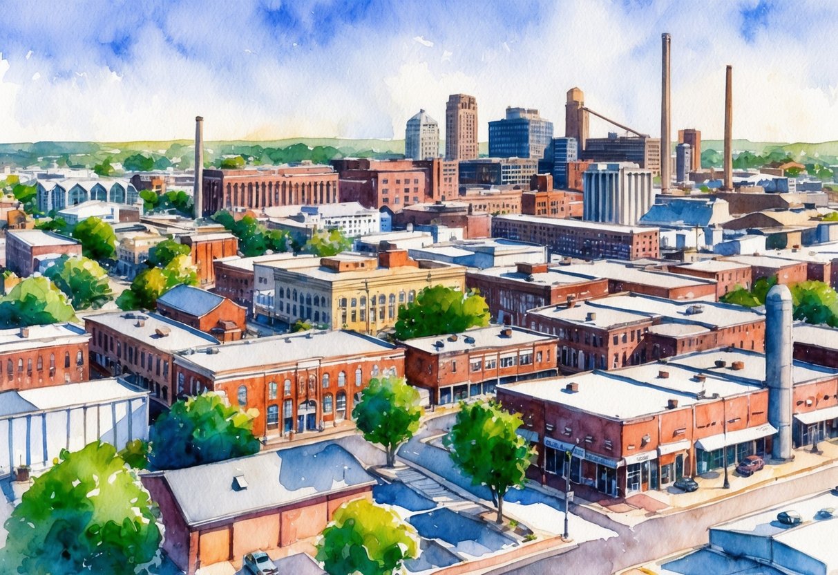 A bustling cityscape in Lafayette, Indiana, featuring a mix of residential, commercial, and industrial properties, with various investment strategies at play