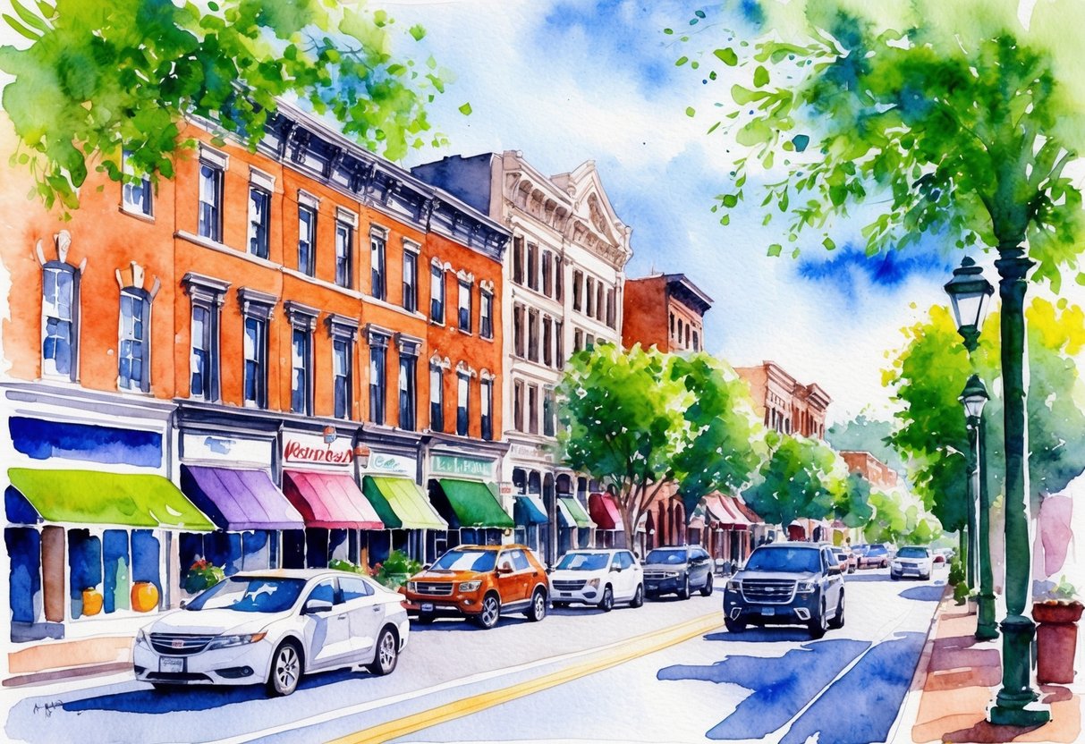 A bustling downtown street with historic buildings and vibrant storefronts, surrounded by lush green parks and tree-lined neighborhoods