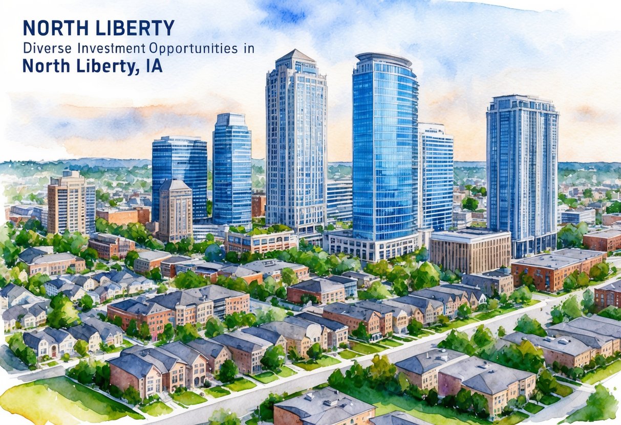 A bustling cityscape with high-rise buildings and suburban neighborhoods, showcasing the diverse investment opportunities in North Liberty, IA