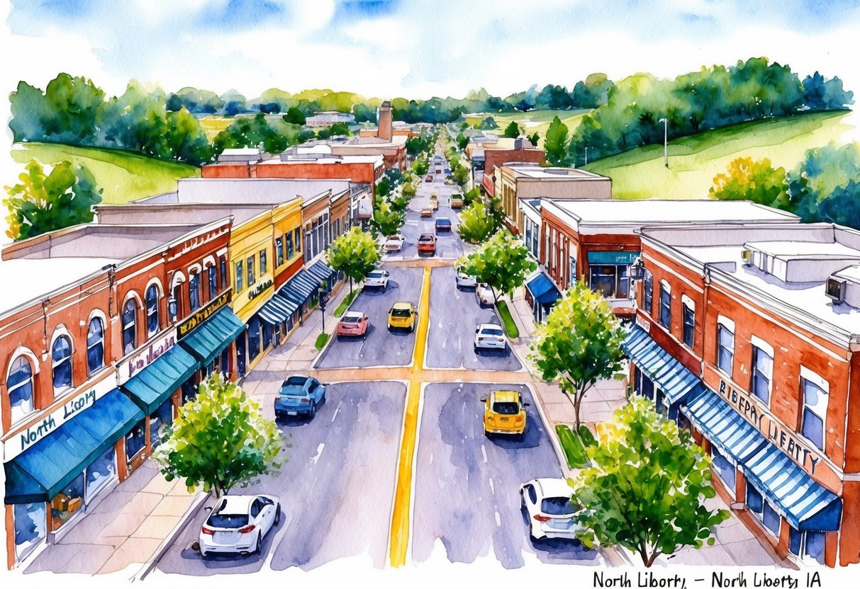 A bustling downtown street lined with shops, restaurants, and outdoor attractions, surrounded by scenic parks and recreational facilities in North Liberty, IA