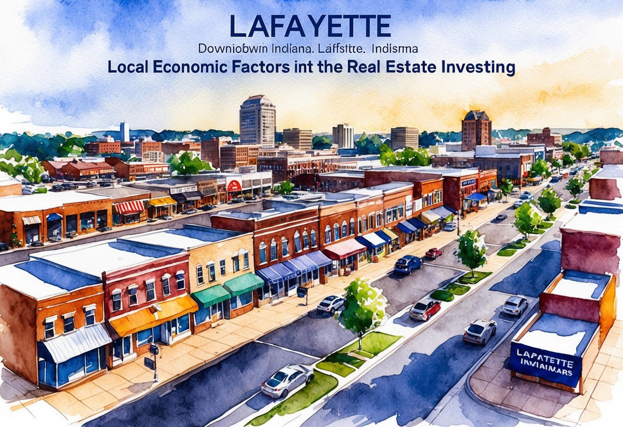 A bustling downtown area in Lafayette, Indiana, with various businesses, restaurants, and residential properties, showcasing the local economic factors impacting real estate investing