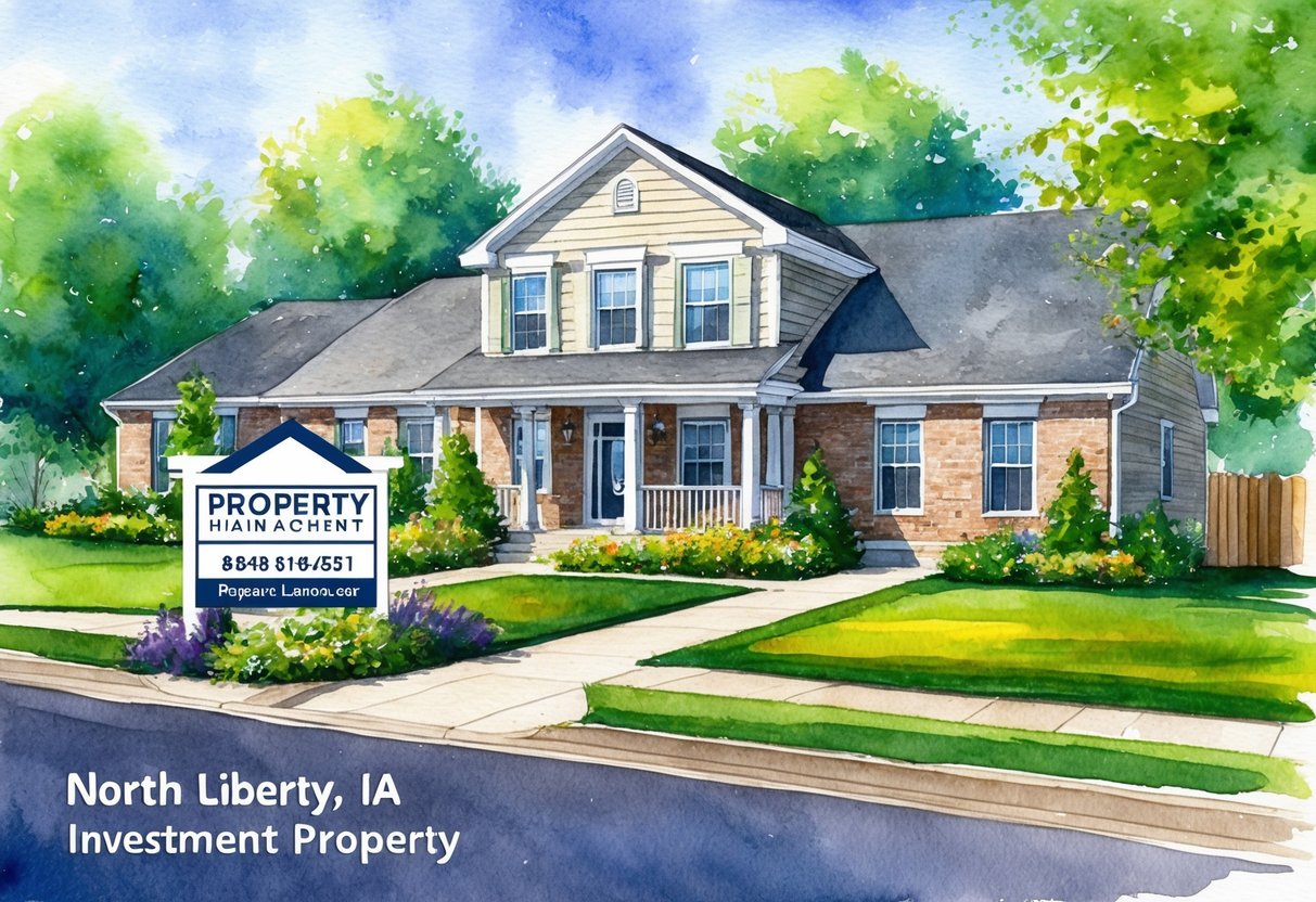 A well-maintained investment property in North Liberty, IA, with a tidy exterior, lush landscaping, and a professional property management sign