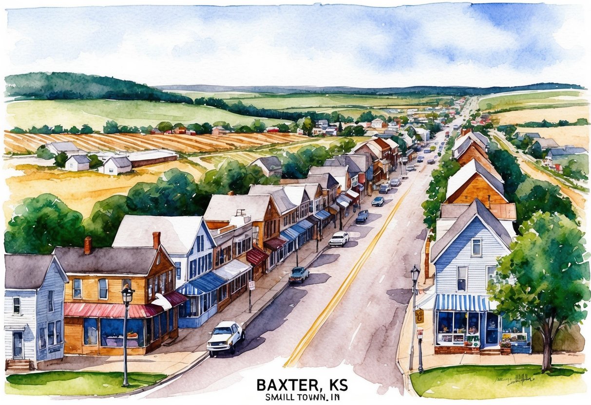 A small town in Baxter, KS with rows of houses and a bustling main street, surrounded by open farmland and rolling hills