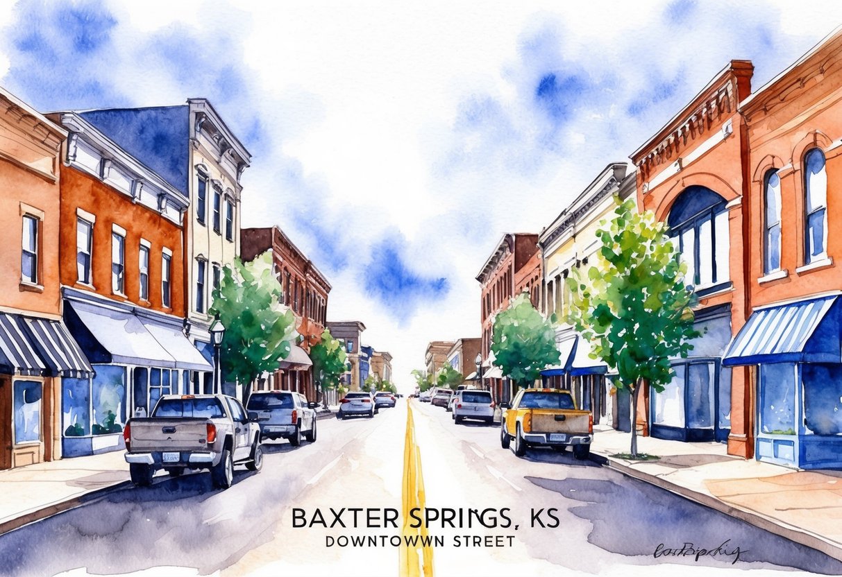 A bustling downtown street in Baxter Springs, KS, with a mix of historic and modern buildings, showcasing the diverse real estate market