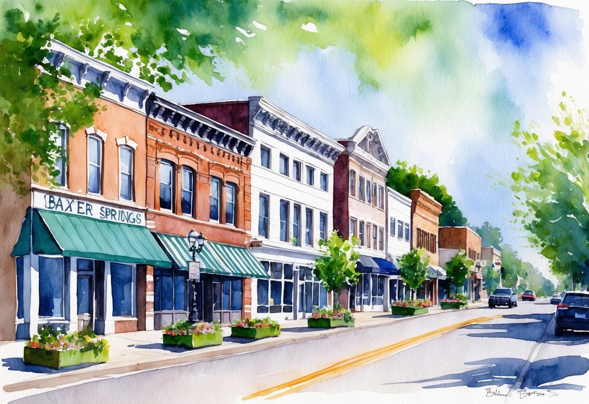 A bustling downtown street in Baxter Springs, with a mix of historic and modern buildings, surrounded by greenery and a sense of community