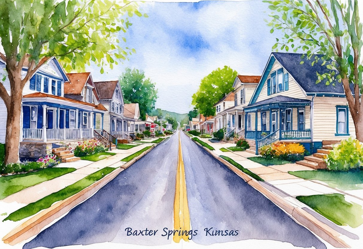 A quaint street in Baxter Springs, Kansas lined with charming properties, perfect for real estate investing