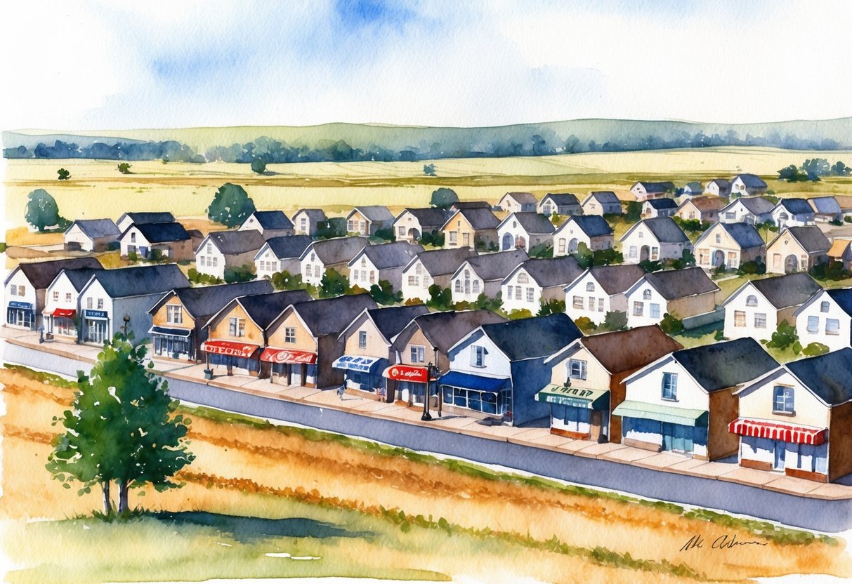 A small town with rows of houses and commercial buildings, surrounded by open fields and a few scattered trees