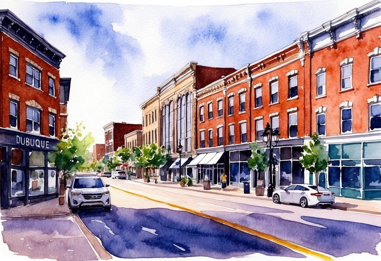 A bustling downtown street in Dubuque, IA with historic brick buildings and a mix of modern and traditional architecture