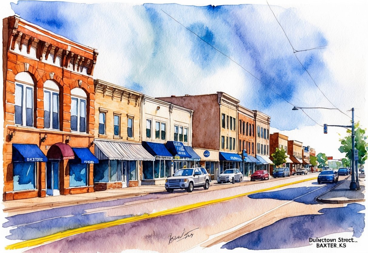 A bustling downtown street in Baxter, KS, with various properties under management, including apartment buildings, commercial spaces, and single-family homes