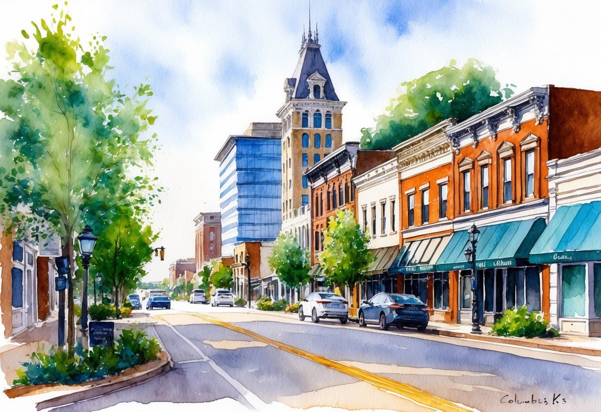 A bustling street in Columbus, KS, with a mix of historic and modern buildings, surrounded by greenery and a sense of growth and opportunity