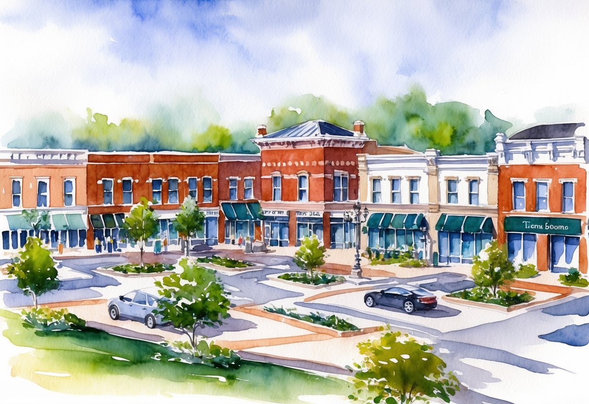 A bustling town square with a mix of modern amenities and historic buildings, surrounded by green spaces and community resources