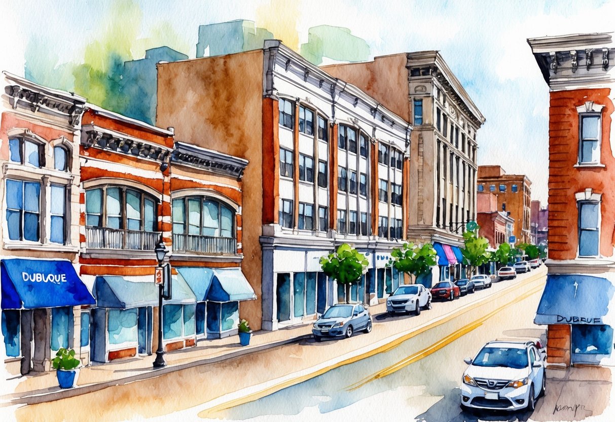 A bustling city street in Dubuque with various real estate properties such as apartment buildings, office spaces, and retail storefronts
