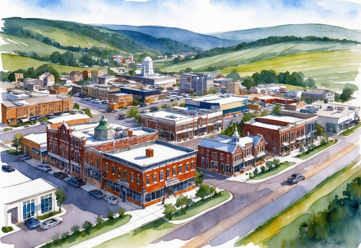 A bustling small town with historic buildings and modern developments, surrounded by rolling hills and farmland