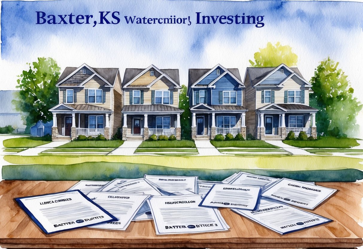 A row of residential houses in Baxter, KS with legal documents and contracts scattered on a table, indicating real estate investing