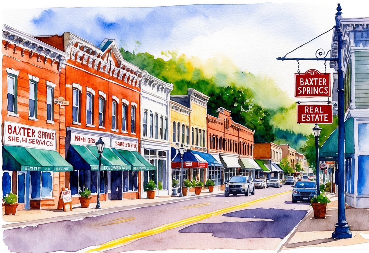 A bustling downtown street in Baxter Springs, with a row of historic buildings and signs advertising real estate services