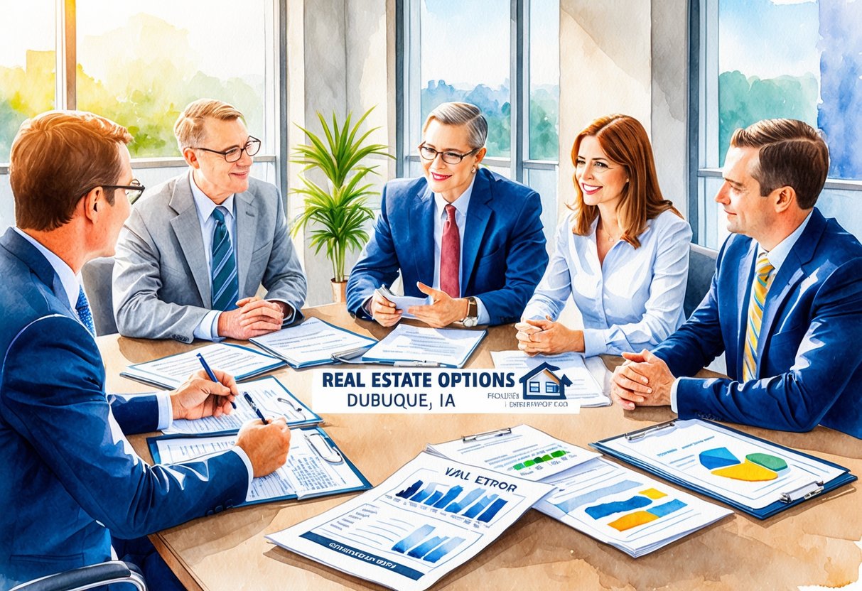 A group of investors discussing real estate options in Dubuque, IA with legal and financial documents spread out on a conference table
