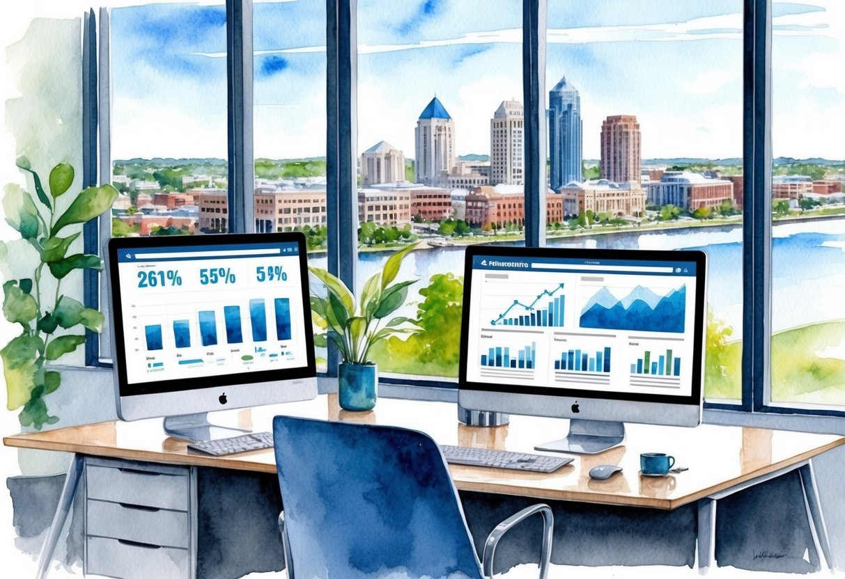 A modern office with a view of downtown Columbus, KS. Charts, graphs, and a computer with financial data on real estate investments
