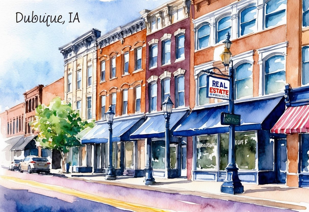 A bustling street in Dubuque IA, with a mix of historic and modern buildings. A real estate office sign stands out among the storefronts