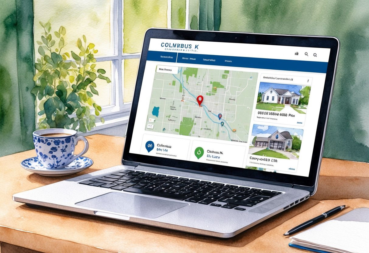 A laptop open to a real estate platform, with a map of Columbus, KS and various property listings displayed on the screen