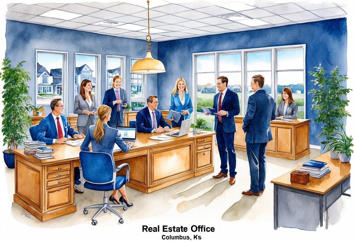 A bustling real estate office in Columbus, KS, with agents meeting clients, discussing properties, and analyzing investment opportunities